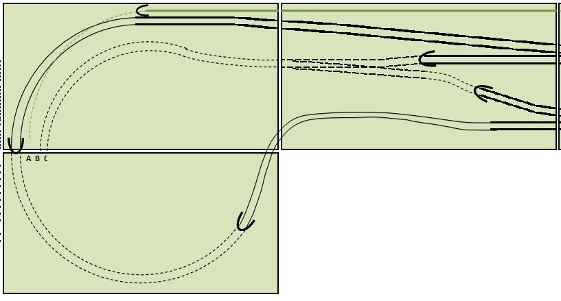 De segmenten 1-2-3, groen is lokaalspoor gaat bij A richting schaduwstation, zwart is de 2-sporige hoofdlijn de gestippelde lijnen gaan richting schaduwstation