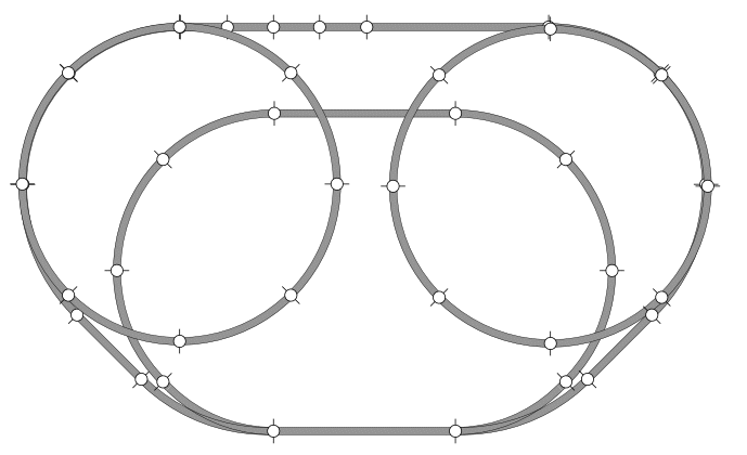 Het liefst zou ik zoiets willen. Dus twee spiralen, waardoor het achterste rechte stuk zo'n 5 cm lager komt te liggen. Alleen kruisen de banen elkaar al snel en lijkt me dit hoogteverschil onmogelijk.